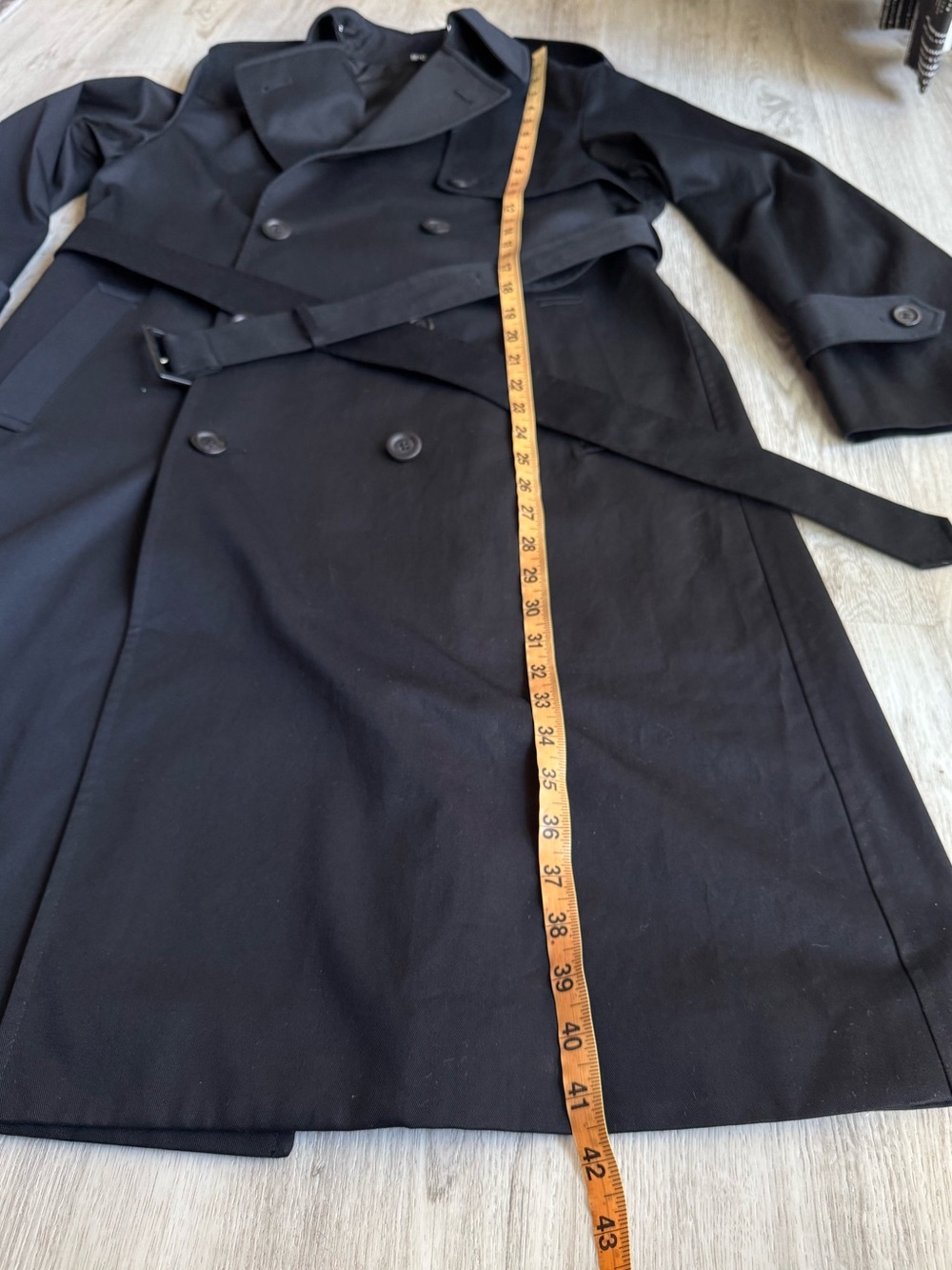 Uniqlo Black Cotton Double Breasted Structured Chic Long Trench Coat w Belt SM - Picture 13 of 13